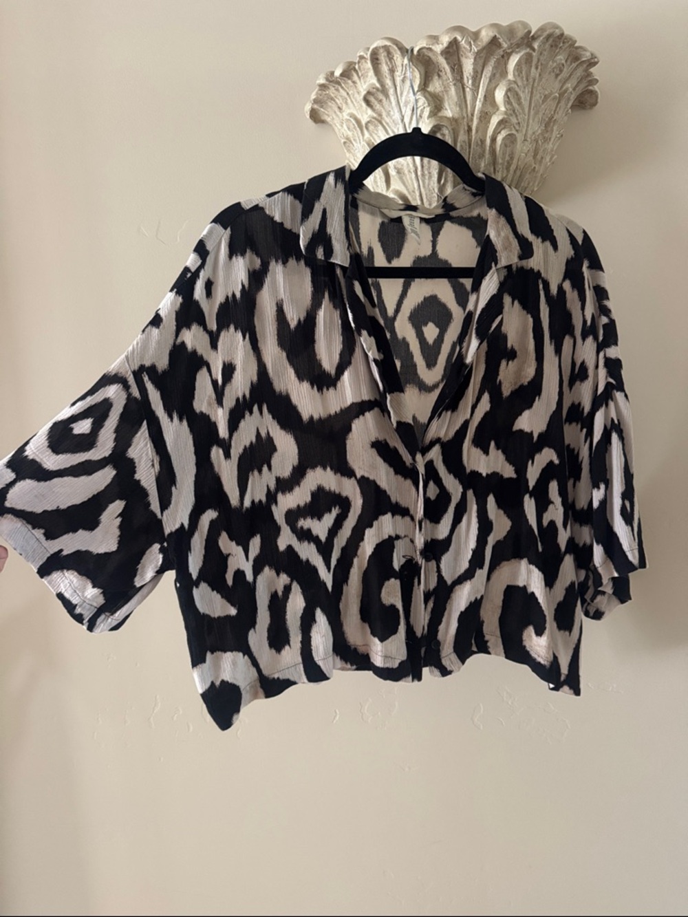 H&M Black and White Abstract Animal-Print Button-Down Top